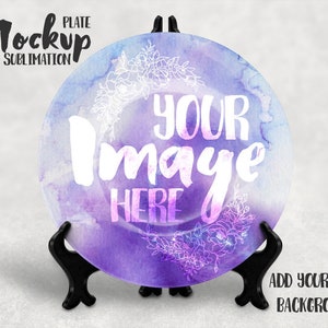Sublimation ceramic plate mockup template| Add your own background | Ceramic plate on display stand mockup