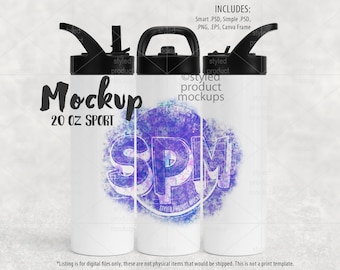 Dye sublimation 20oz skinny sports bottle mockup full wrap view | Add your own image and background