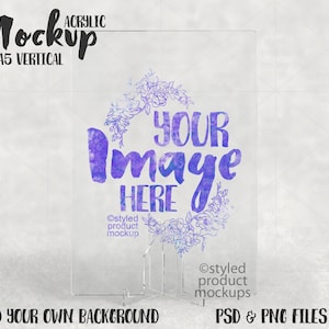 A5 sized clear acrylic panel on clear acrylic stand vertical Mockup | Add your own image and background