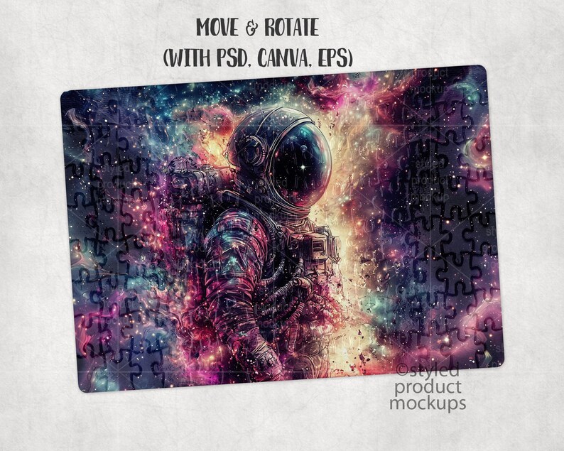 May include: A digital illustration of an astronaut in a space suit with a galaxy background. The astronaut is wearing a helmet and is surrounded by stars and nebulae. The image is in a jigsaw puzzle style.