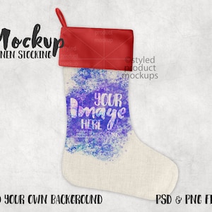 Dye sublimation Christmas stocking with linen bottom and  solid color top Mockup | Add your own image and background