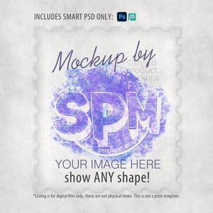 Peut inclure: Maquette de produit numérique avec un design aquarelle violet et bleu. Le texte comprend "Mockup by SPM" et "Your image here show ANY shape!". L'image est un fichier numérique, pas un élément physique.