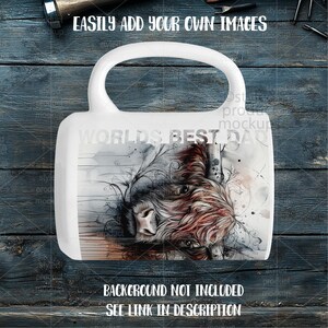 May include: White ceramic mug with a curved handle. The mug features a watercolor illustration of a Highland cow and the text "WORLD'S BEST DAD". Additional text at the top reads "EASILY ADD YOUR OWN IMAGES".