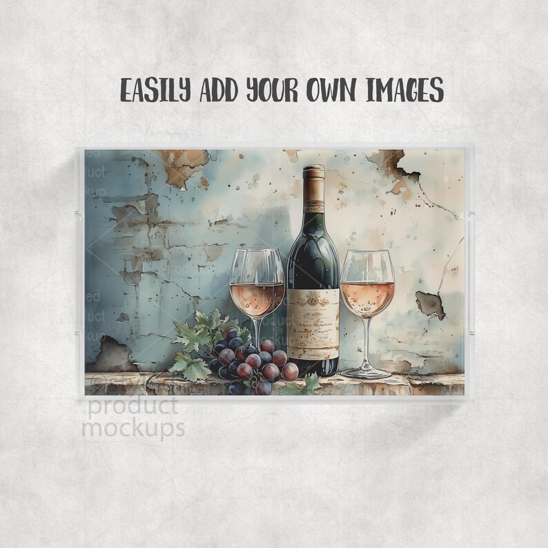 May include: A watercolor-style image of a wine bottle, two wine glasses, and a bunch of grapes. The wine glasses are filled with a light pink wine. The background is a distressed blue and beige wall. The text "EASILY ADD YOUR OWN IMAGES" is at the top.