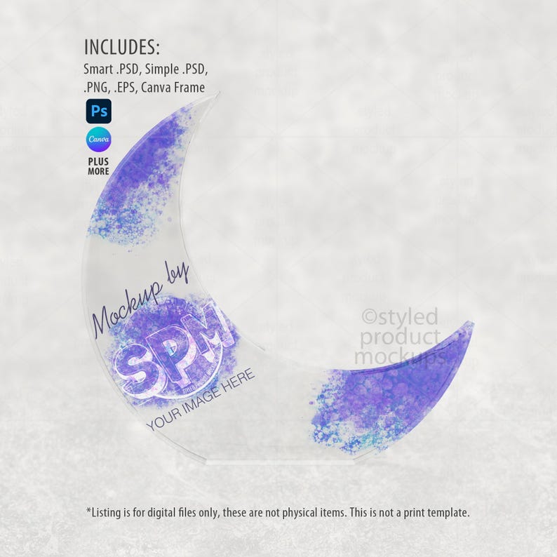 以下が含まれることがあります： 紫と青の水彩デザインの三日月型アクリルモックアップ。 「Mockup by SPM」と「Your Image Here」の文字が見えます。 画像には、デジタルファイル形式を示すテキストが含まれています。