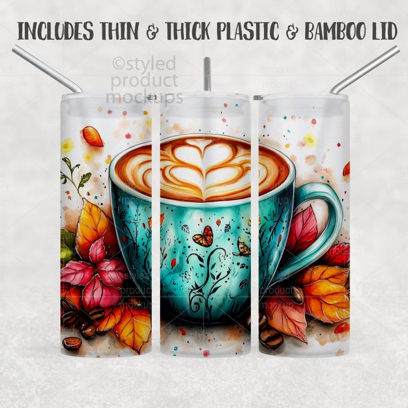 May include: A tumbler with a watercolor design featuring a coffee cup with latte art, butterflies, and autumn leaves. The tumbler has a thin and thick plastic and bamboo lid. The text at the top says, "INCLUDES THIN & THICK PLASTIC & BAMBOO LID."