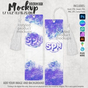 May include: Two watercolor bookmark mockups with a white tassel. The bookmarks are 1.7 inches by 6.2 inches and feature a purple and blue watercolor design. The text "styled product mockups" and "SPM" are on the bookmarks.