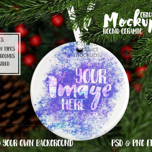 Dye sublimation round ceramic Christmas ornament mockup | Add your own image and background