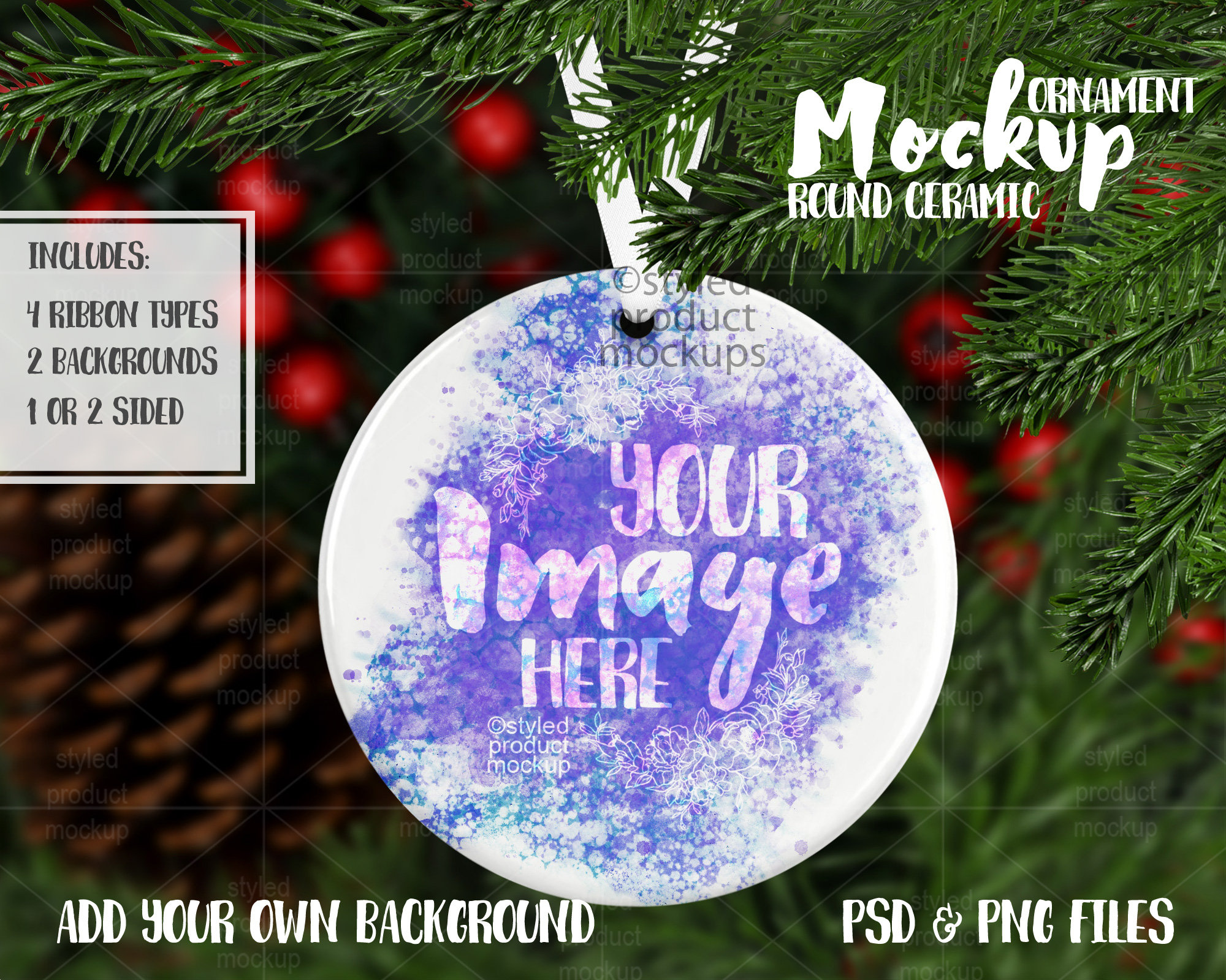Dye sublimation round ceramic Christmas ornament mockup | Add your own image and background