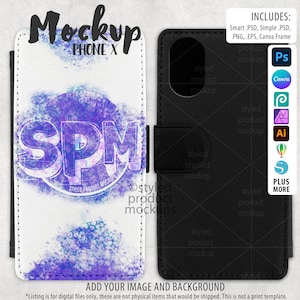 Maqueta de funda tipo billetera para teléfono X para sublimación de tinta / Agregue su propia imagen y fondo / Maqueta inteligente de Photoshop / Maqueta de marco de Canva