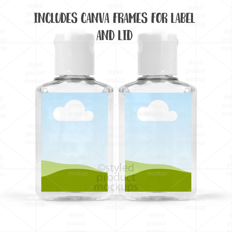 May include: Two clear, rectangular hand sanitizer bottles with white caps. Each bottle has a label featuring a blue sky with a white cloud and green hills. The text "INCLUDES CANVA FRAMES FOR LABEL AND LID" is at the top.