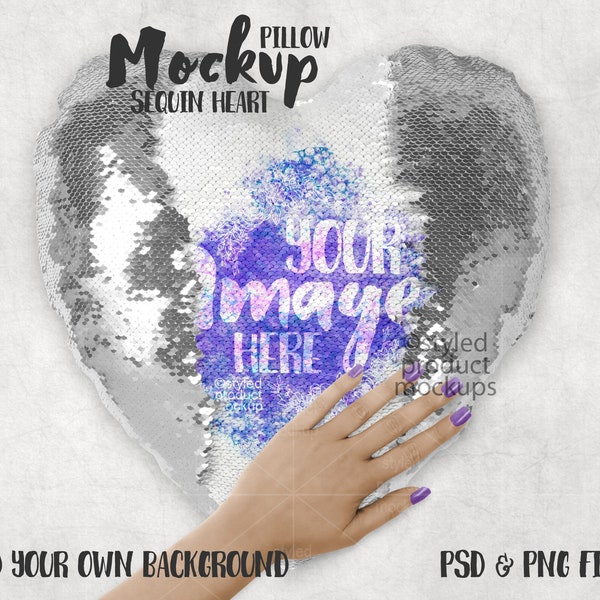 Dye sublimation heart sequin pillow with hand Mockup | Add your own image and background