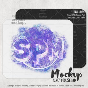 May include: A white 5x6 inch mousepad mockup with a purple watercolor design and the text "SPM" in a stylized font. The text "STYLED PRODUCT MOCKUPS" is also included in the design.