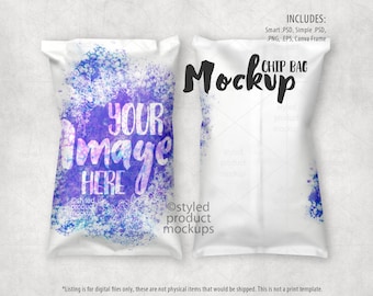 Mockup de etiqueta de saco de batata frita | Adicione sua própria imagem e plano de fundo | Mockup de moldura Canva