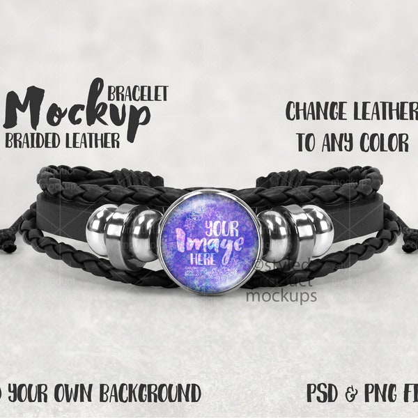 Braided leather bracelet with glass cabochon tray Mockup | Add your own image and background