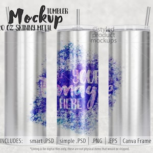 Dye sublimation 20oz Stainless Steel skinny tumbler Mockup full wrap view | Add your own image and background