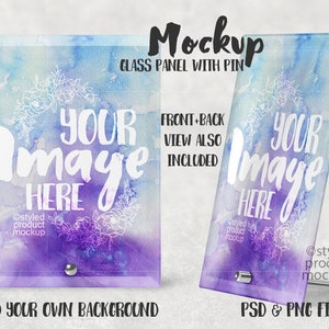 Dye sublimation glass photo panel with metal pin stand mockup template