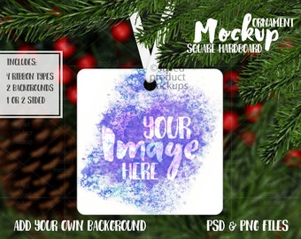 Dye sublimation square hardboard Christmas ornament Mockup | Add your own image and background