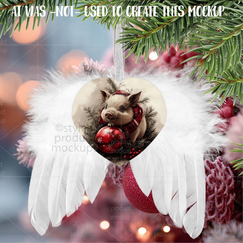 May include: A heart-shaped Christmas ornament featuring a pig wearing a scarf and hat, holding a red ornament. The ornament is surrounded by white feather wings and a red glitter ball. The text "AI WAS - NOT - USED TO CREATE THIS MOCKUP" is at the top.