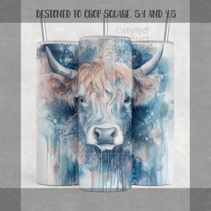 May include: Three stainless steel tumblers with a watercolor design of a Highland cow. The cow has long horns and is depicted in shades of blue, brown, and white. The tumblers have a silver straw.