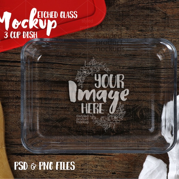 Glass etched 3 cup storage dish mockup template | Add your own image