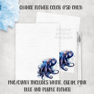 Puede incluir: Dos tarjetas blancas con ilustraciones de pulpos en acuarela azul y morado. Un bol&iacute;grafo transparente est&aacute; a la derecha. El texto en la parte superior dice "CHANGE FLOWER COLOR (PSD ONLY)". El texto inferior dice "PNG/CANVA INCLUDES WHITE, CREAM, PINK BLUE AND PURPLE FLOWER".