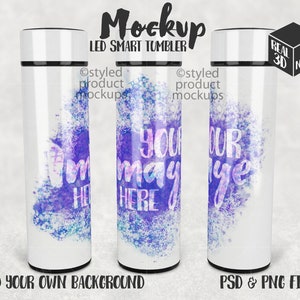 Puede incluir: Maqueta de un vaso inteligente LED blanco con un diseño de acuarela púrpura y azul. El texto "Your May Be Here" es visible en el vaso. La imagen incluye el texto "Ostyled product mockups" y "Real 3D See Notes".