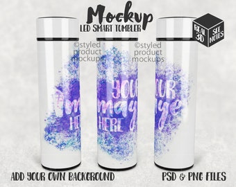Dye Sublimation LED Deckel Smart Tumbler Mockup | Fügen Sie Ihr eigenes Bild und Hintergrund hinzu
