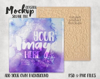 Square tile coaster mockup with front and back view | Add your own image and background