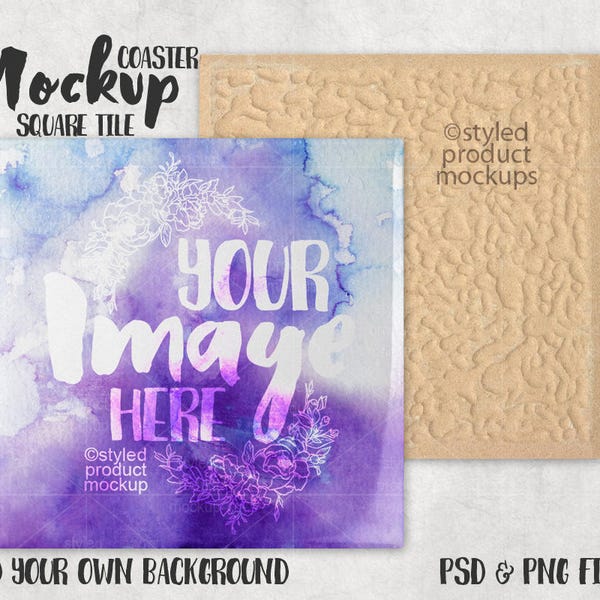 Square tile coaster mockup with front and back view | Add your own image and background