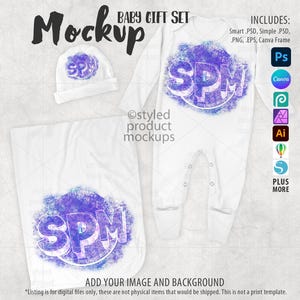 May include: A mockup of a baby gift set with a white onesie, a white hat, and a white blanket. The onesie and blanket have a purple and blue watercolor design with the letters "SPM" in the center. The text "BABY GIFT SET" and "Mockup" are at the top of the image. The text "INCLUDES: Smart PSD, Simple .PSD, PNG, EPS, Canva Frame" is on the right side of the image. The text "Ostyled product mockups" is in the center of the image. The text "ADD YOUR IMAGE AND BACKGROUND" is at the bottom of the image.