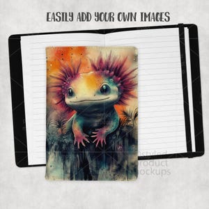 May include: Notebook with a colorful axolotl illustration. The axolotl is depicted with a vibrant mix of colors, including pink, orange, and blue. The notebook is open, revealing lined pages, and the text "EASILY ADD YOUR OWN IMAGES" is at the top.