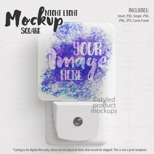 May include: A white square night light with a clear plastic cover. The cover has a watercolor design with purple, blue, and pink colors. The text "YOUR IMAGE HERE" is printed on the cover.