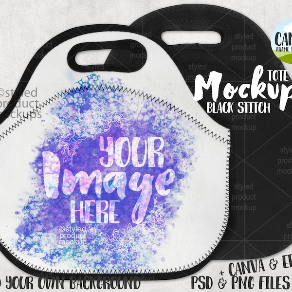 Farbstoff Sublimation Lunch Tote mit schwarzen Stichen Mockup | Fügen Sie Ihr eigenes Bild und Hintergrund | Canva Rahmen Mockup