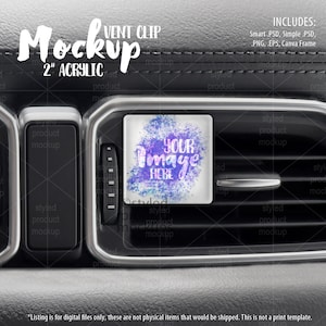 May include: A mockup of a 2 inch acrylic vent clip for a car. The clip is white with a blue and purple watercolor design and the text "Your Image Here".