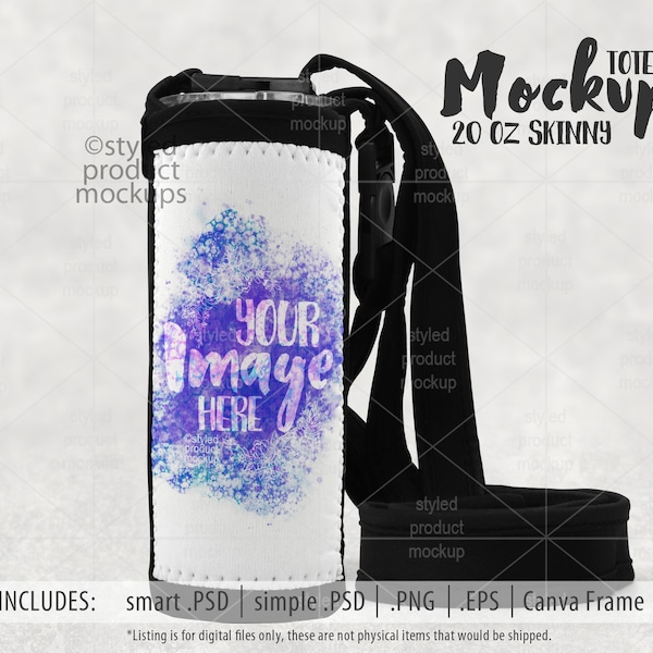 Dye sublimation 20oz skinny tumbler tote Mockup | Add your own image and background | Canva frame mockup