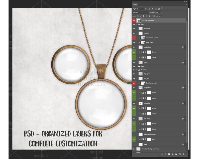 Może przedstawiać: Makieta naszyjnika z wisiorkiem z trzema okrągłymi ramkami w kolorze brązu. Ramki mają przezroczystą szklaną wkładkę, a łańcuszek naszyjnika jest r&oacute;wnież brązowy. Tekst "PSD - ORGANIZED LAYERS FOR COMPLETE CUSTOMIZATION" znajduje się na dole.