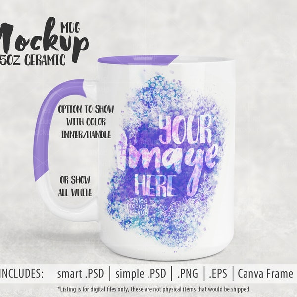 Dye sublimation 15oz mug mockup with optional color handle and rim Mockup | Add your own image and background | Canva frame mockup