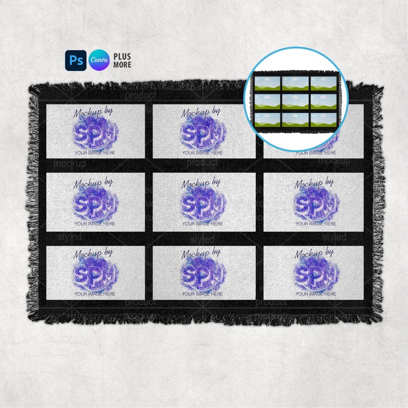 9 Panel Woven Blanket Mockup | Dye Sublimation Fringe Throw Blanket | PSD, Canva, PNG, EPS image 1
