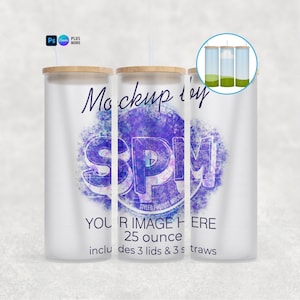 May include: Three frosted glass tumblers with bamboo lids and straws. The tumblers feature a purple and blue design with the letters "SPM" and the text "Mockup by" and "YOUR IMAGE HERE". Each tumbler holds 25 ounces.