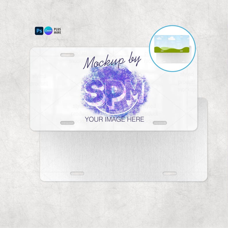 May include: A white license plate mockup featuring the text "Mockup by SPM" and "YOUR IMAGE HERE" in a purple and blue design. The license plate has four slots for mounting. A second, blank license plate is visible in the background.