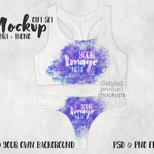 Dye sublimation sports bra and  thong underwear set Mockup | Add your own image and background