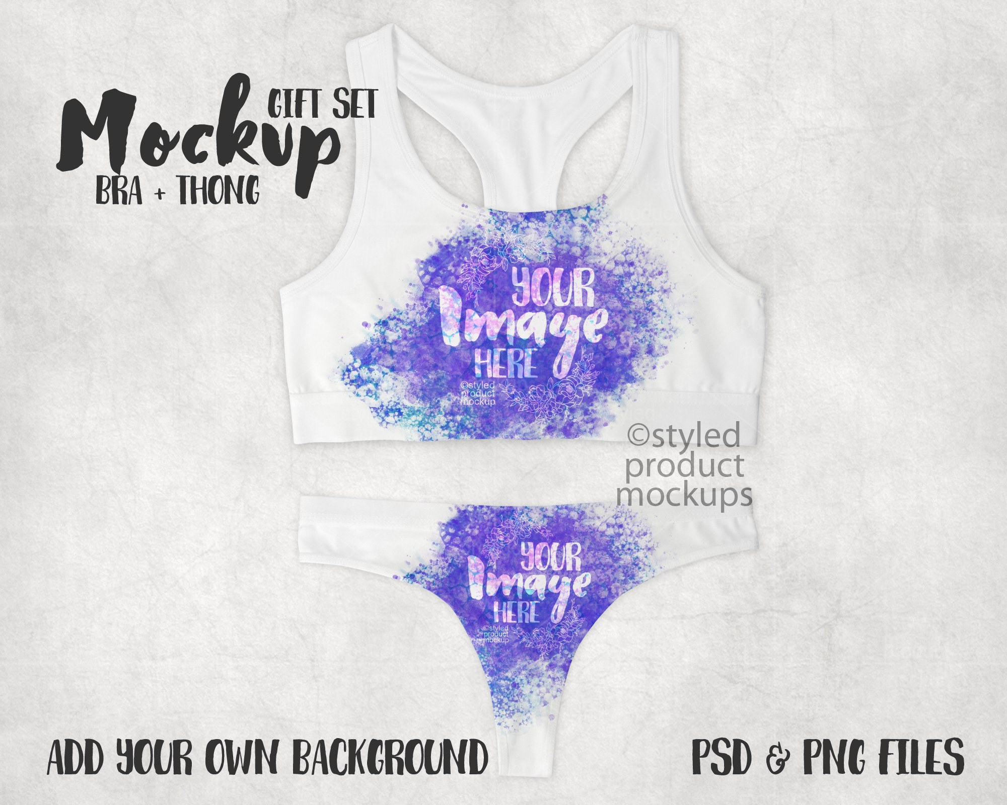 Dye sublimation sports bra and thong underwear set Mockup