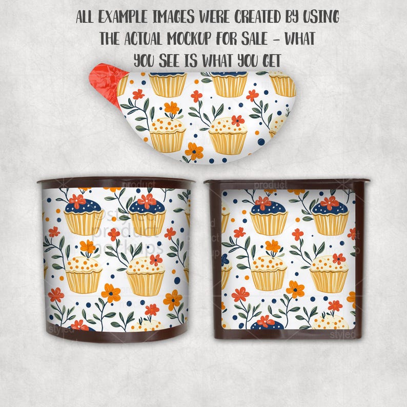 May include: A product mockup set featuring a semi-circular tag, a cylindrical container, and a square container, all displaying a white pattern of cupcakes, orange flowers, and dark blue dots. Text at the top reads: ALL EXAMPLE IMAGES WERE CREATED BY USING THE ACTUAL MOCKUP FOR SALE - WHAT YOU SEE IS WHAT YOU GET.