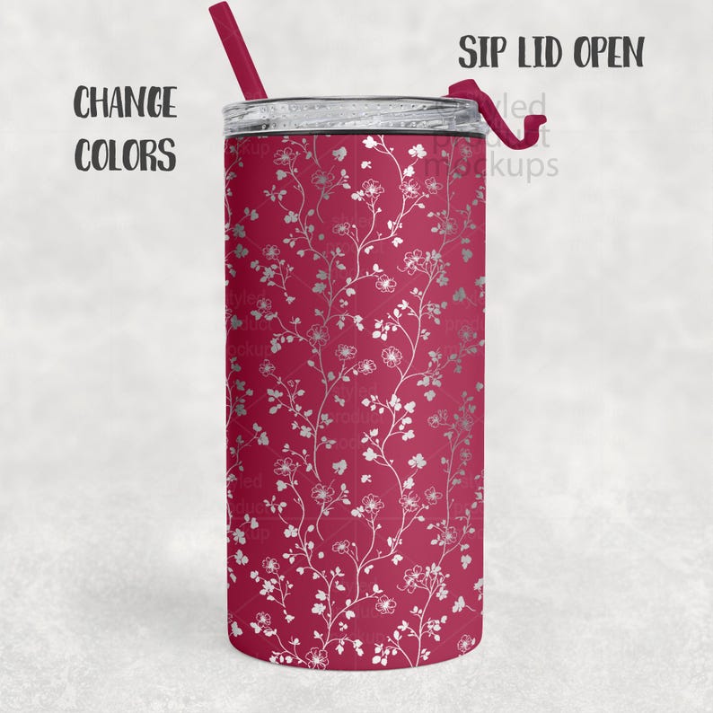 May include: A red tumbler with a silver floral pattern and a red straw. The text "CHANGE COLORS" is on the left side of the tumbler, and "SIP LID OPEN" is on the right side.