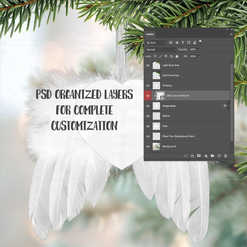 May include: A white angel wing ornament with a heart-shaped center, adorned with soft feathers. The ornament hangs from a silver ribbon, set against a blurred background with text: "PSD ORGANIZED LAYERS FOR COMPLETE CUSTOMIZATION". A digital interface is visible.