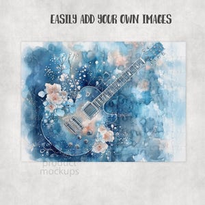 Puede incluir: Un rompecabezas con un dise&ntilde;o de acuarela de una guitarra el&eacute;ctrica azul con detalles florales. El rompecabezas tiene un borde blanco y el texto "EASILY ADD YOUR OWN IMAGES" en la parte superior.