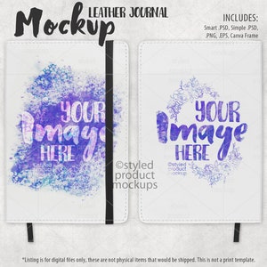 Puede incluir: Maqueta de un diario de cuero blanco con cierre elástico negro. La portada presenta un diseño de acuarela en colores morado, azul y blanco. El texto "YOUR IMAGE HERE" está escrito en negro en la portada. La contraportada presenta un diseño floral con el mismo texto.