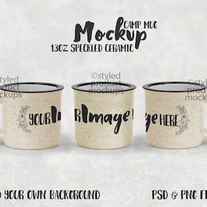 May include: Three 13oz speckled ceramic camp mugs with black lids and black rims. The mugs are on a gray background. The text "Mockup Camp Mug 13oz Speckled Ceramic" is at the top of the image. The text "YOUR", "Rimage", and "ye HERE" are written on the mugs.