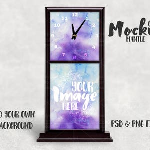 Puede incluir: Una maqueta de reloj de chimenea negro con una esfera blanca y agujas negras. La esfera está rodeada de un fondo de acuarela púrpura y azul con el texto "Your Image Here".
